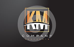 KM K M Golden Letter Logo Design with Gold Square and Swoosh.