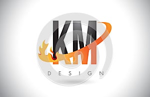 KM K M Letter Logo with Fire Flames Design and Orange Swoosh.