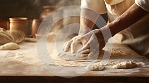 knead flour pastry chef food dough kitchen cook baker hands. Generative AI.