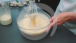 Kneading the dough with a whisk in a deep bowl