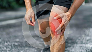 knee injury, a photo of a man walking and having knee pain, Injury from workout concept