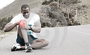 Knee pain, black man with fitness injury, health and wellness with red overlay, medical emergency and inflammation