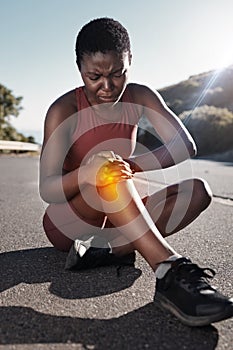 Knee pain, black woman and road training accident with a runner in pain for leg injury outdoor. Running, exercise and