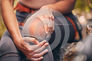 Knee, pain and injury with a hiker suffering with a painful leg getting hurt while trekking or exercise training. Cgi