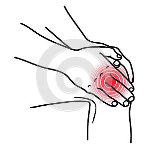 Knee pain location red spot. Trauma, arthritis, gonarthrosis, meniscopathy, ligament rupture.