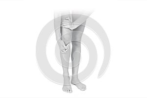 Knee pain, painful point isolated on white background. woman holding her painful knee. Joint pain, concept of medicine, massage, p