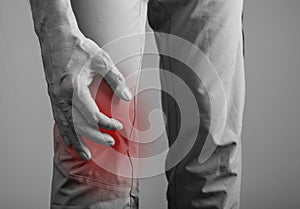 Knee pain, strain. Joint injury concept, inflammation and strain