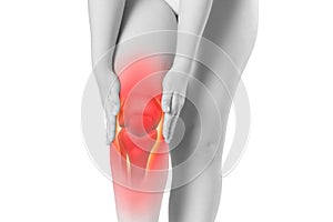 Knee pain, woman with legs ache, chiropractic treatments concept with highlighted skeleton isolated on white background