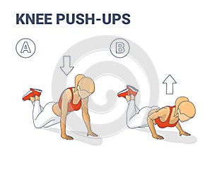 Knee Push-Ups Female Home Workout Exercise Guidance Illustration. Girl Working on Her Triceps