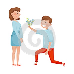Kneeled Young Man Giving Bunch of Flowers to Woman Vector Illustration