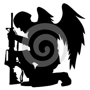 Military Angel Soldier With Wings Kneeling Silhouette Vector Illustration