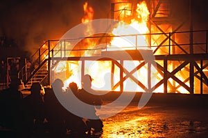 Kneeling firefighters in front of burning structure during firefighting exercise