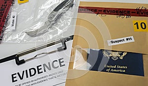 Knife and american passport in crime lab test ball