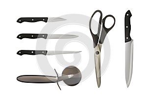 Knife, cutter pizza and scissors.