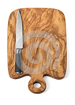 Knife on cutting board isolated on whit