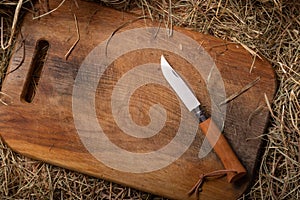 Knife and cutting board. Wooden cutting board on the hay. Rustic style