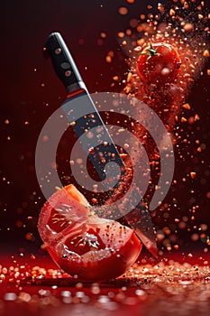 A knife cutting a tomato in half with spices flying everywhere photo