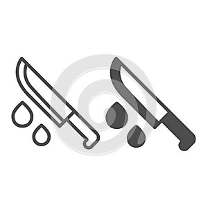 Knife and drops of blood, killer, maniac line and solid icon, halloween concept, bloody blade vector sign on white