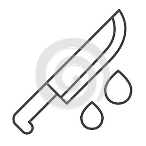 Knife and drops of blood, killer, maniac thin line icon, halloween concept, bloody blade vector sign on white background