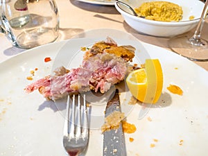 knife with fork and gnawed bone on plate