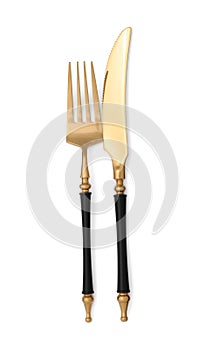 Knife and fork isolated on white, top view. Stylish shiny cutlery set