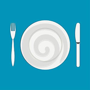 Knife and a fork near the empty plate on a white background. Flat illustration.