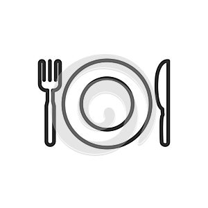 Knife, fork, plate thin line icon isolated on white background