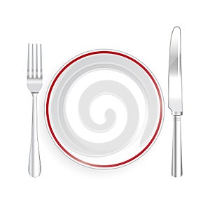 Knife and Fork with Plate on White Background