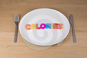 A knife, fork and plate with the word calories