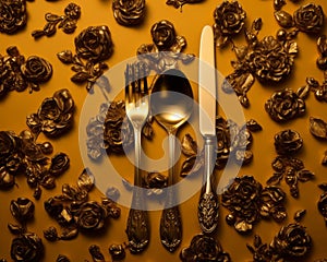 a knife fork and spoon on a gold background