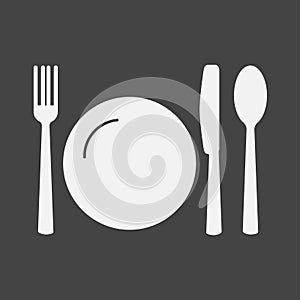 Knife, fork, spoon and plate. Cutlery. Table setting. Vector icon illustration