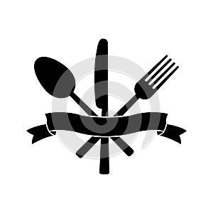 Knife, fork, spoon and ribbon