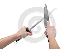 Knife hand sharpening technique - isolated on white with clipping path