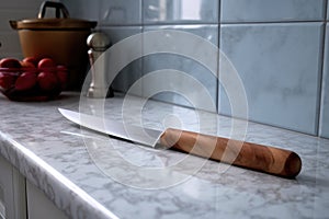 a knife lodged in a wooden chopping board on a marble kitchen counter