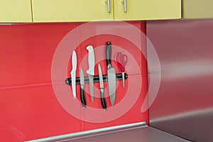 Knife magnet in a kitchen