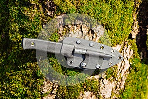 Knife with the plastic kydex sheath in the forest background