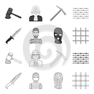 Knife, prisoner, mask on face, steel grille. Prison set collection icons in outline,monochrome style vector symbol stock