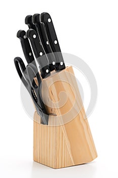 knife and scissor kitchen utensil in wood block on white background