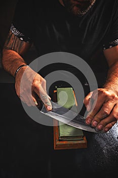 Knife sharpening process.