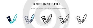 Knife in sheath icon in filled, thin line, outline and stroke style. Vector illustration of two colored and black knife in sheath