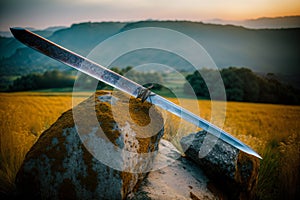 A Knife Sitting On Top Of A Rock In A Field. Generative AI