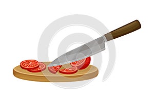 Knife Slicing Tomato on Cutting Board as Ingredient for Bruschetta Preparation Vector Illustration