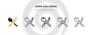 Knife and spoon crossed icon in different style vector illustration. two colored and black knife and spoon crossed vector icons