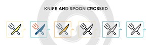 Knife and spoon crossed vector icon in 6 different modern styles. Black, two colored knife and spoon crossed icons designed in