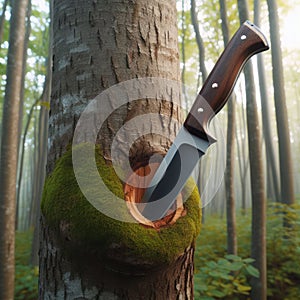 A knife stuck in a tree in the forest.