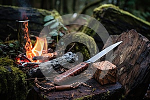 knife and whetstone near a campfire outdoor