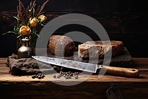 knife and whetstone on rustic wooden table