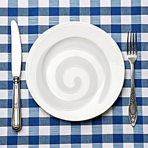 Knife, white plate, and fork on blue checked tablecloth