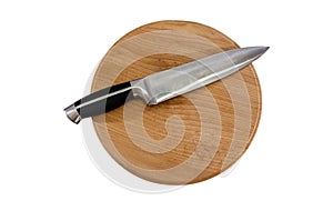 Knife on a wooden board isolated on a white background. View from above. Large kitchen knife.