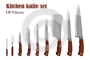 Knifes set or Kitchen knives. Cutlery Set. Vector illustration.